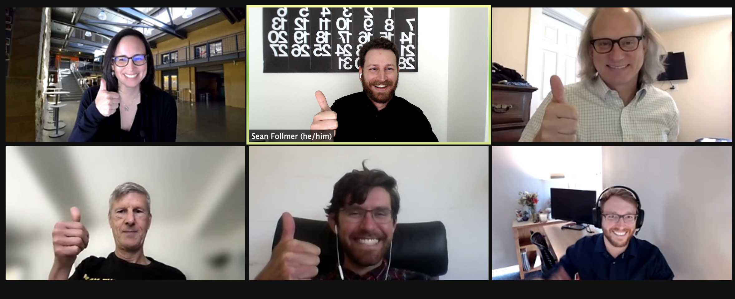 screenshot from zoom showing 5 happy committee members and zack