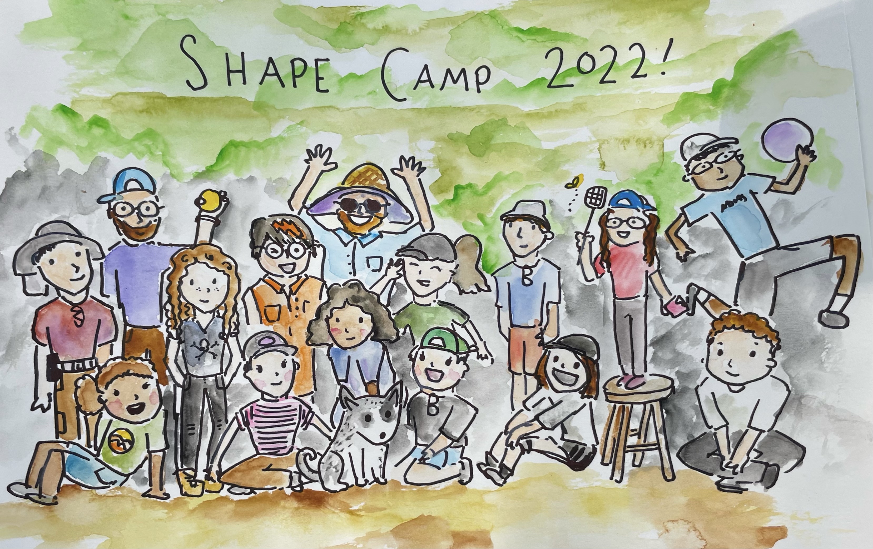 painting with marker outlines and then filled in with watercolor. everyone in the lab smiling and posing, with Shape Camp written at the top