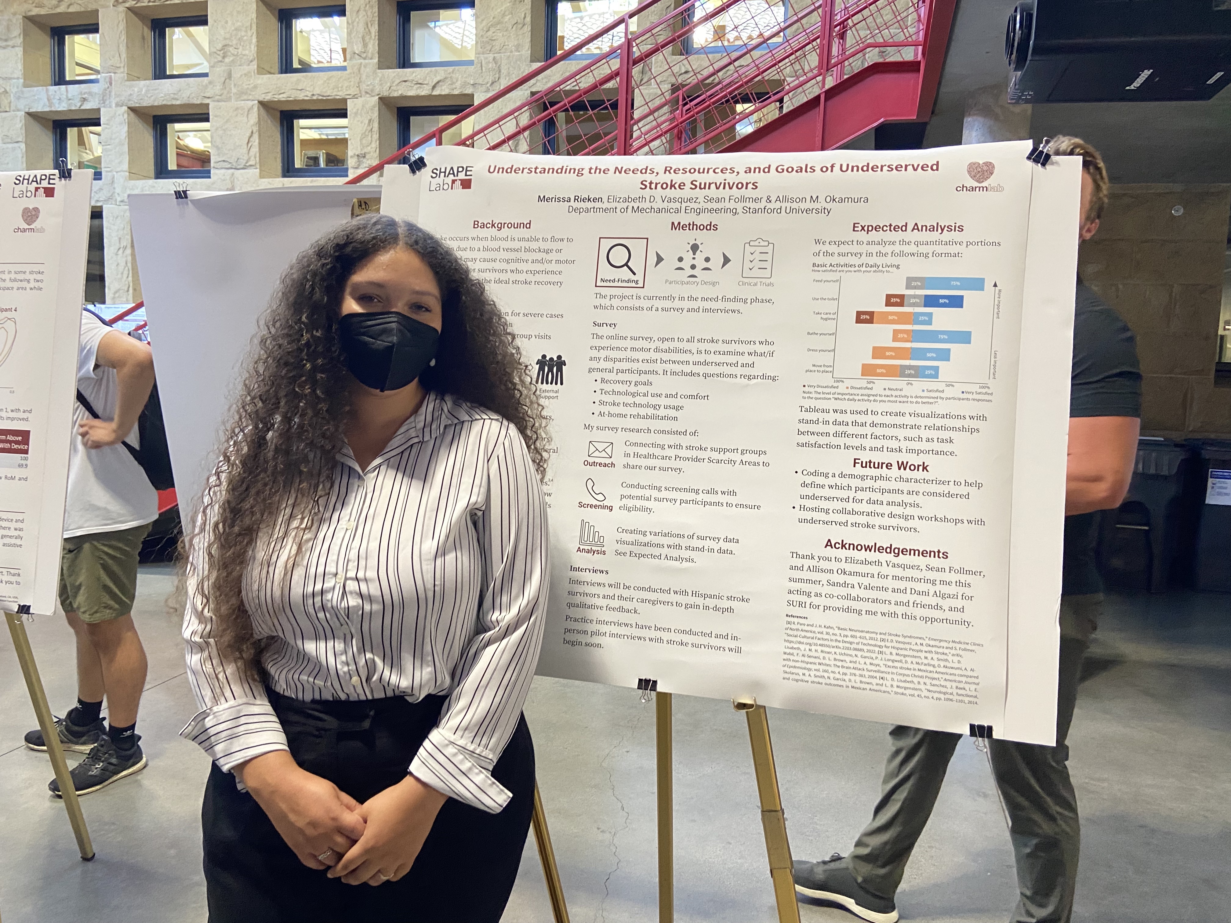 merissa in front of her poster entitled: understanding the needs, resources, and goals of underserved stroke survivors