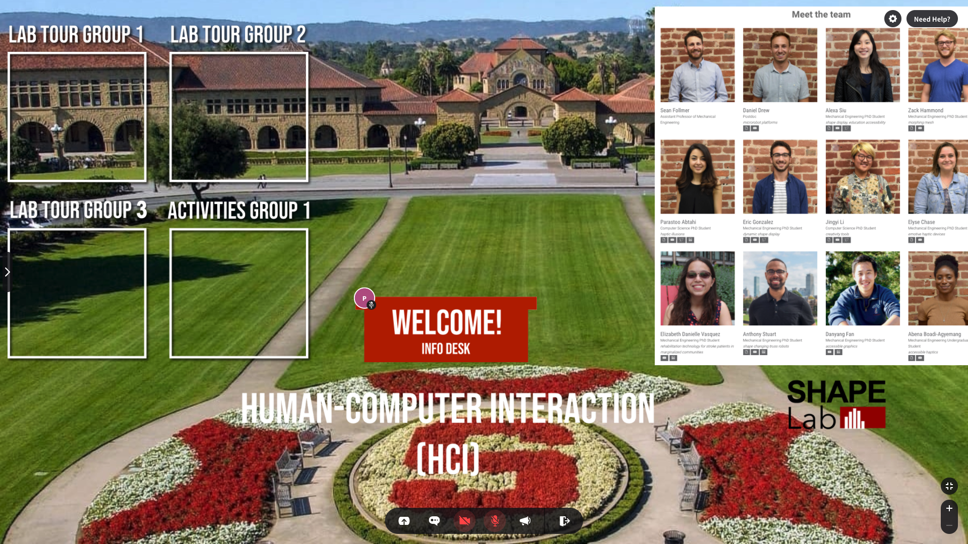 picture of the Stanford oval with tour groups labeled on the left and images of the Shape Lab members of the right. text reads: welcome! info desk, and below that: human-computer interaction (HCI) 