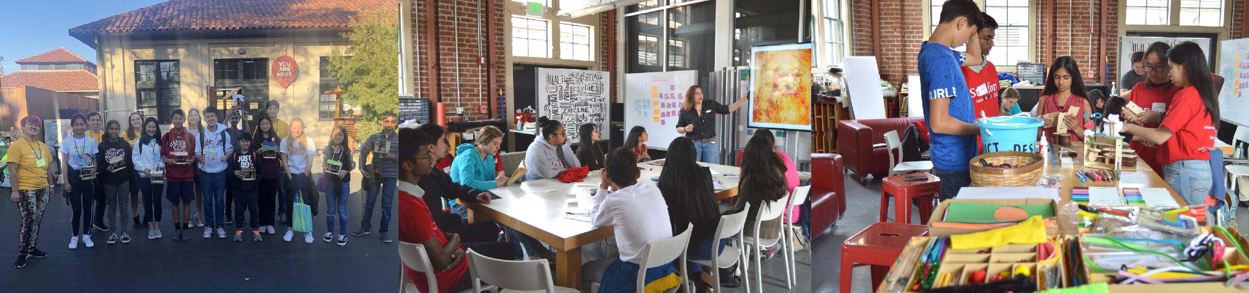 Banner with three images. Image 1 shows a group of middle school students and shape lab members holding prototypes of their work. Imge 2 shows a demo of a research project at the Exploratorium. Image 3 shows student working on prototypes and graduate students helping.