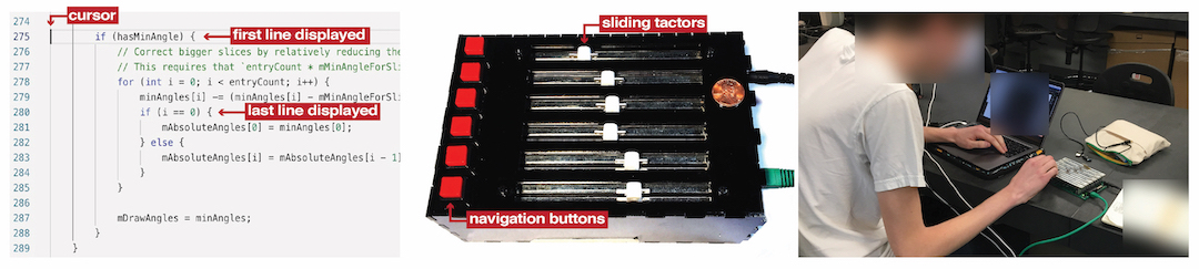 Overview of the TCS. On the left a figure showing indented lines of code and in the middle the TCS with tactile markers are arranged to represent the code indentation tactually. On the right a picture of a user using the device to skim code on a laptop.