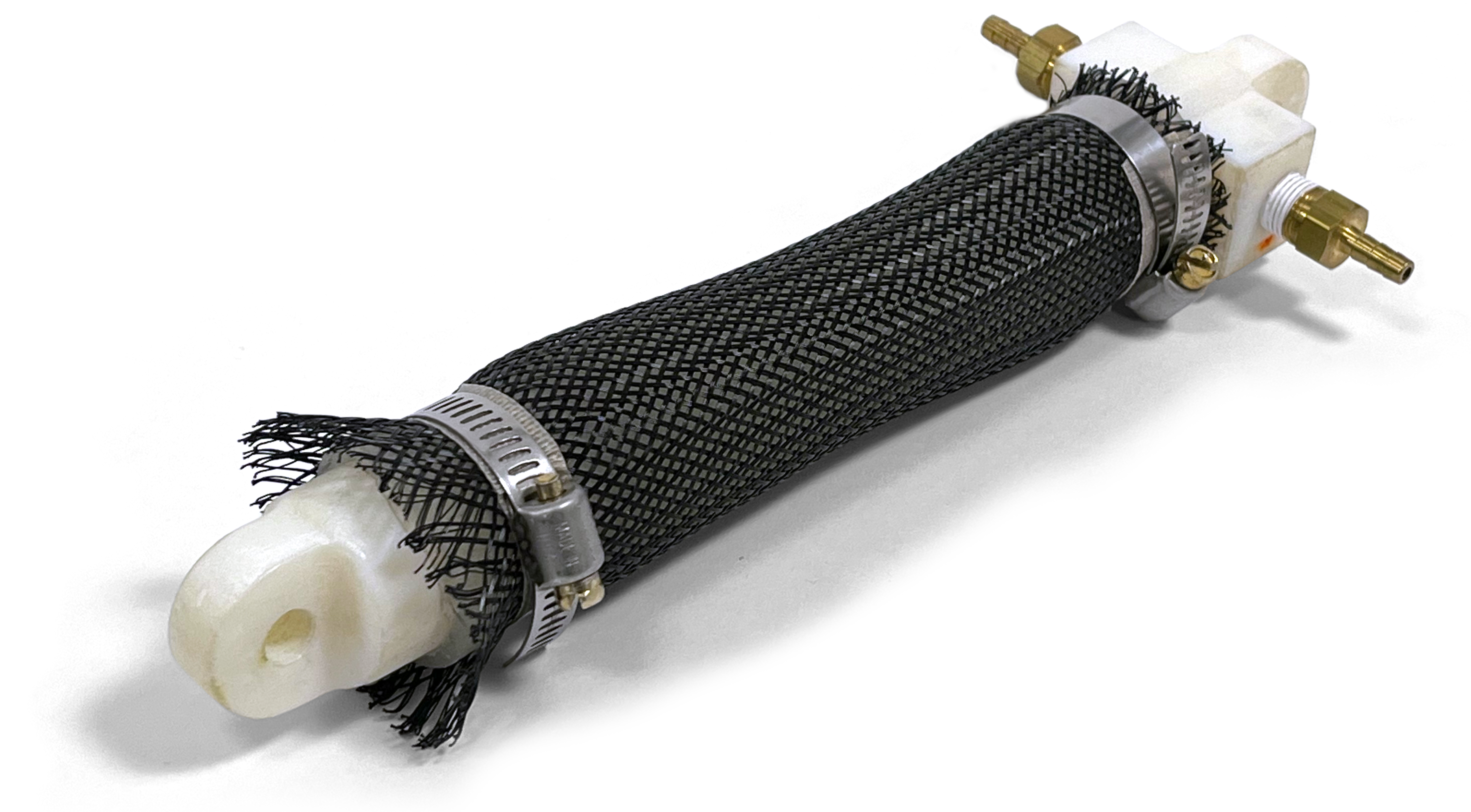 A cylindrical actuator composed of a nylon mesh surrounding a silicone elastomeric bladder secured to endcaps using hose clamps.
